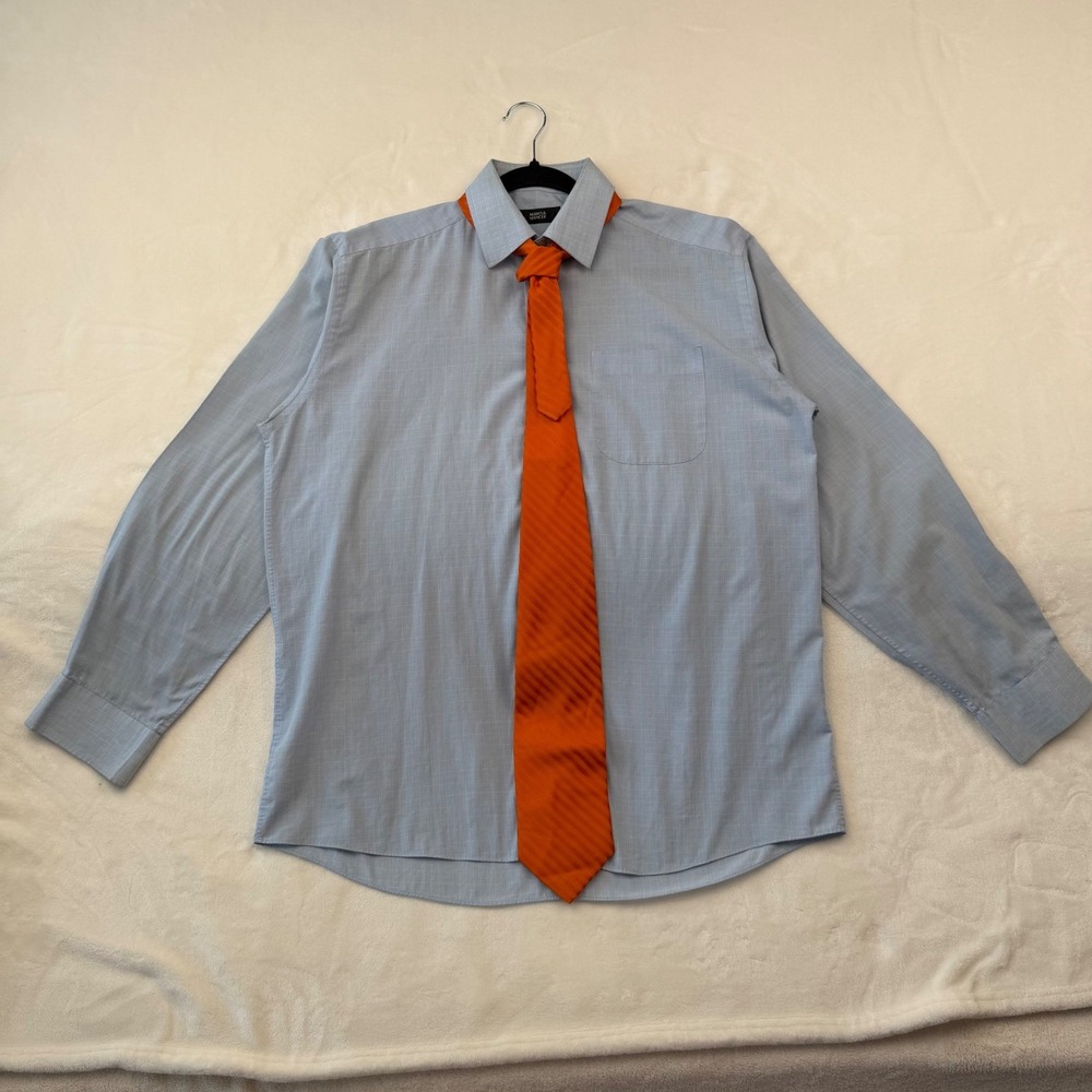 Marks & Spencer Dress Shirt Tie Set Blue Micro Check Orange Striped 15.5 39-40 - Picture 5 of 5